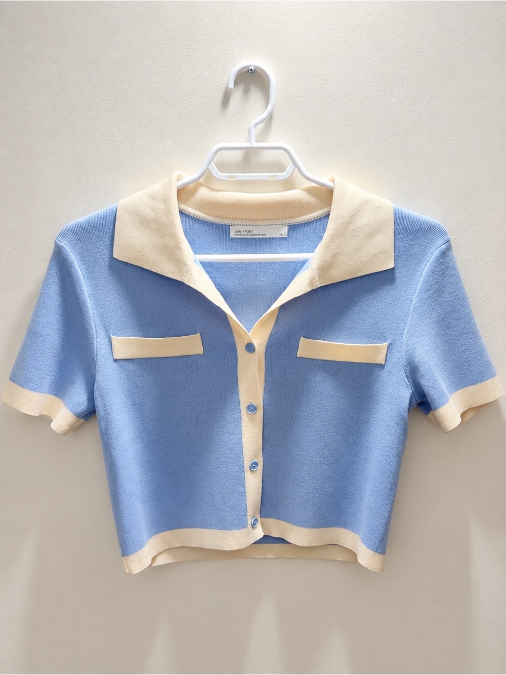 OAK + FORT Blue Knit Cropped Polo with Cream Trim